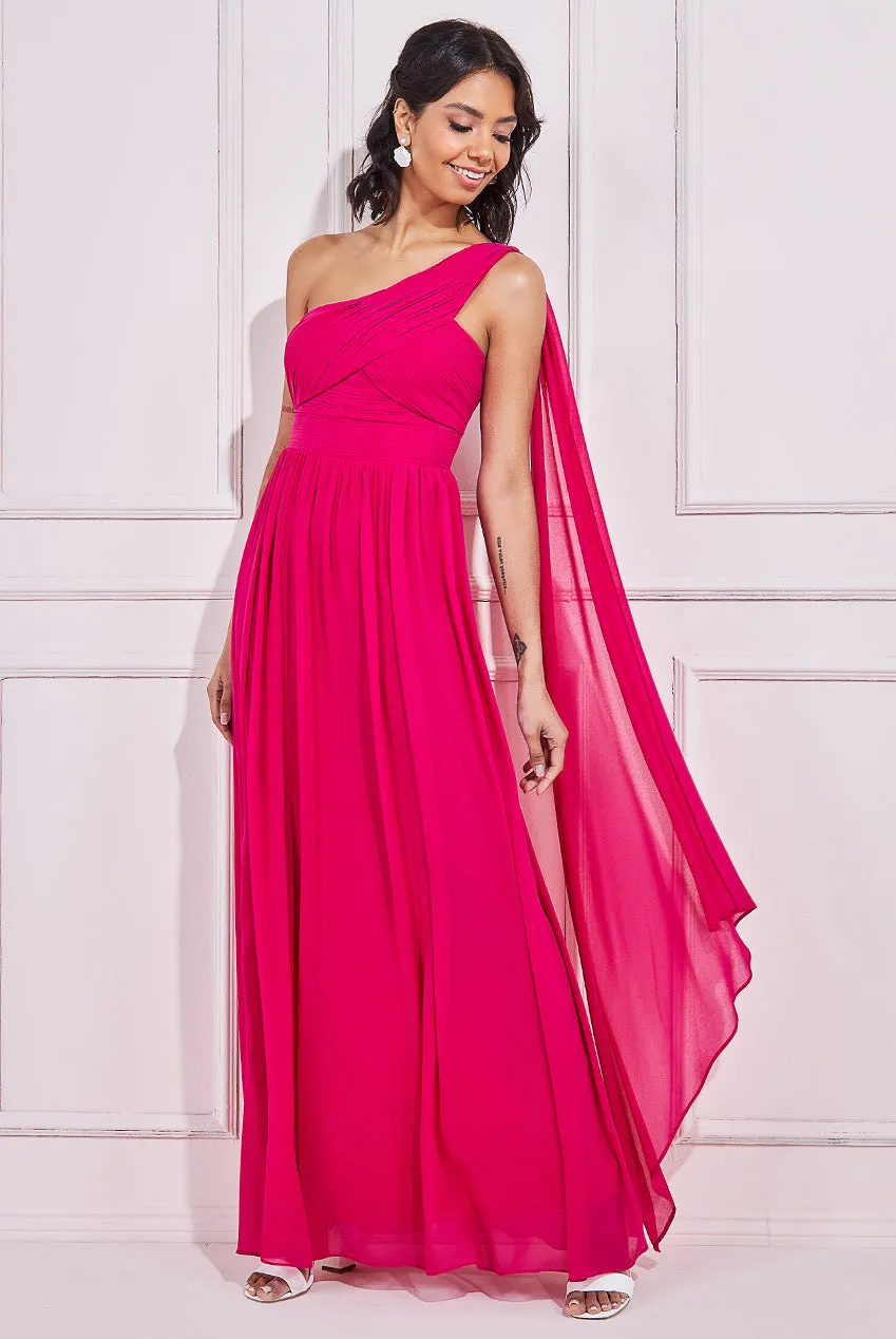 Goddiva One Shoulder Pleated Chiffon Scarf Maxi Dress