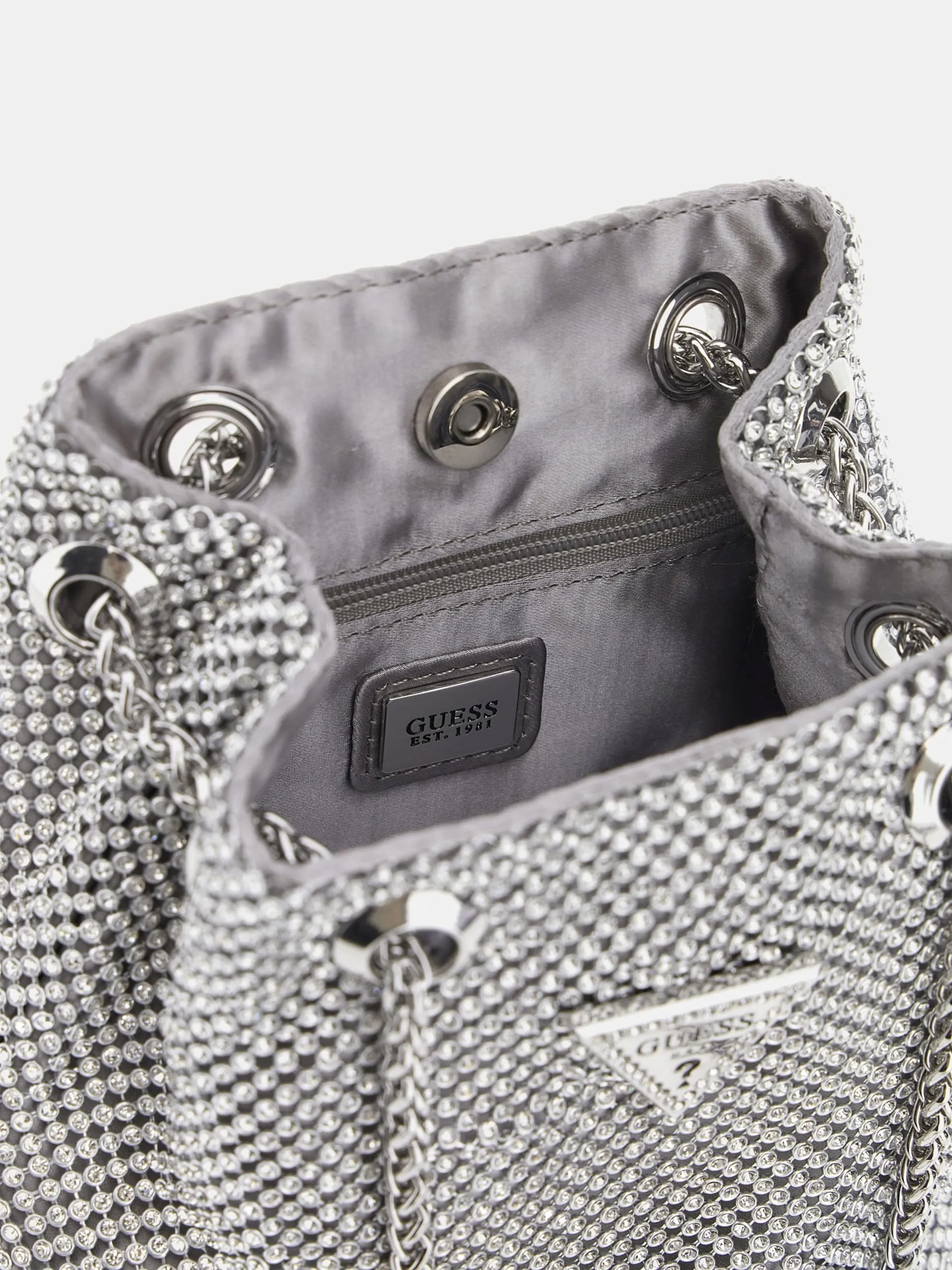 GUESS Lua Rhinestone Mini Bucket Bag Silver