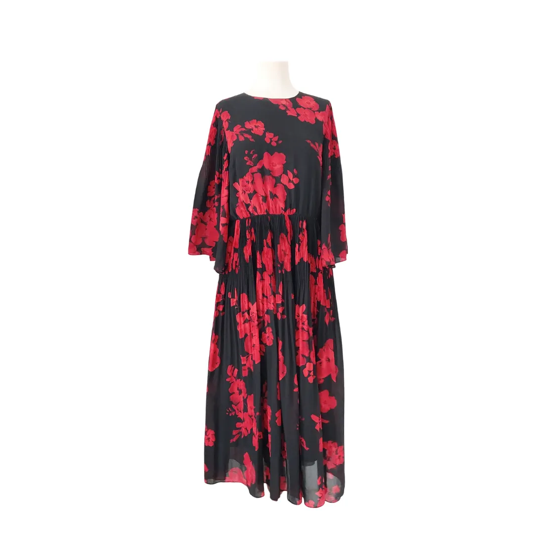 H&M Black and Red Floral Pleated Midi Dress | Pre Loved |