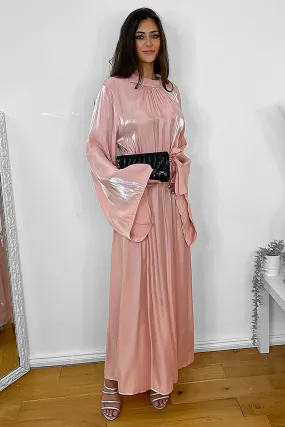 High Neck Wide Sleeves Pleated Satin Modest Dress