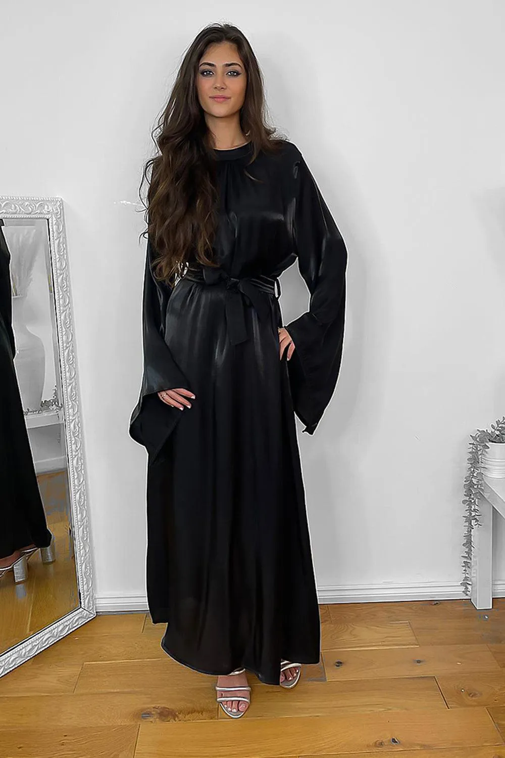 High Neck Wide Sleeves Pleated Satin Modest Dress