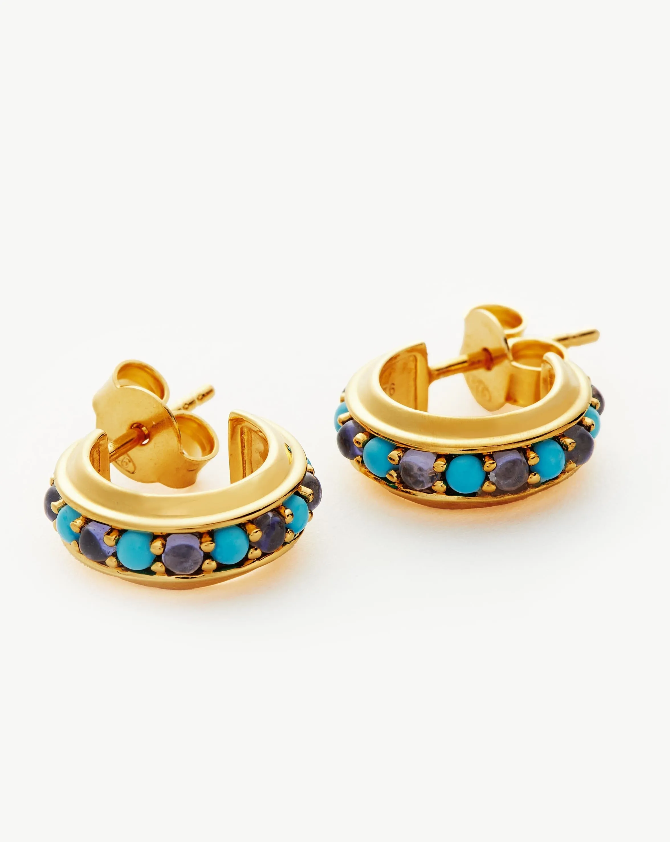 Hot Rox Gemstone Mini Hoop Earrings | 18ct Gold Plated Vermeil/Turquoise & Iolite