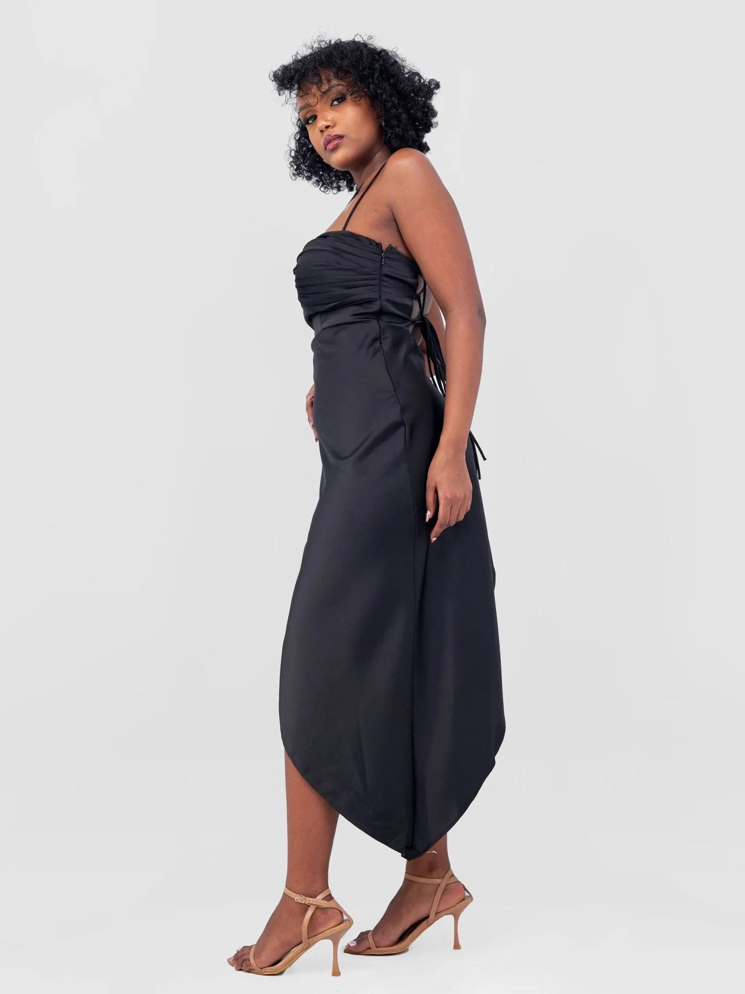 Lola Long Strappy Satin Dress with Pleated Bust - Black