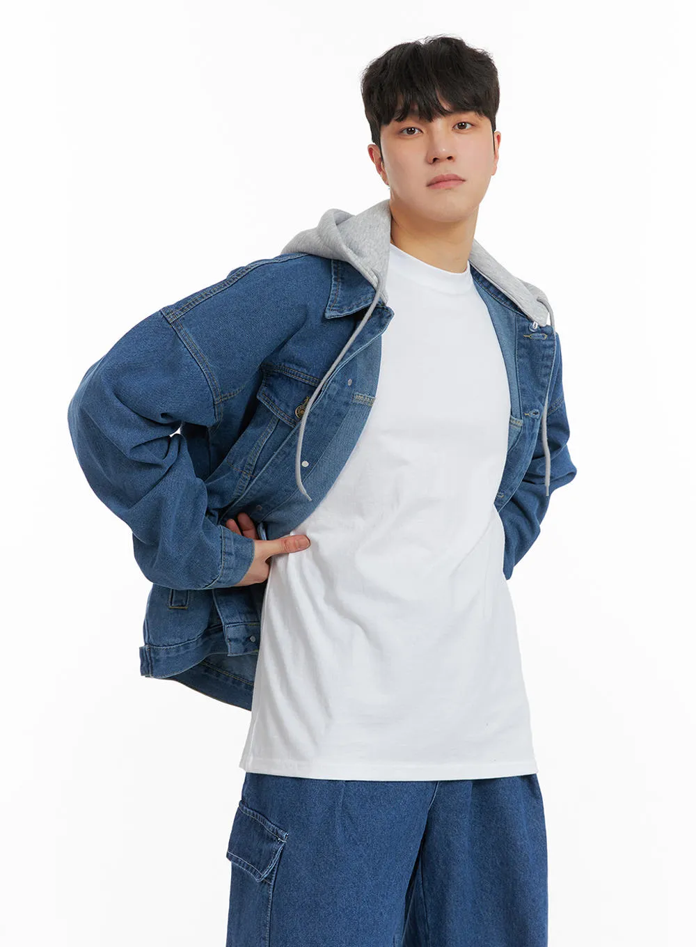 Men's Button Denim Jacket with Hoodie IA402