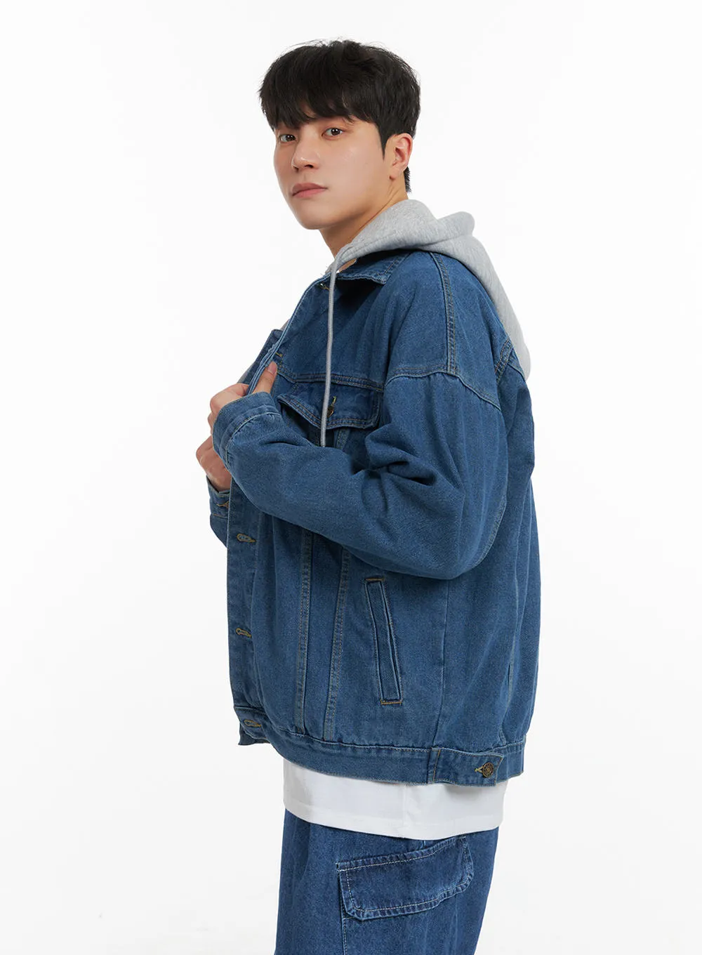 Men's Button Denim Jacket with Hoodie IA402