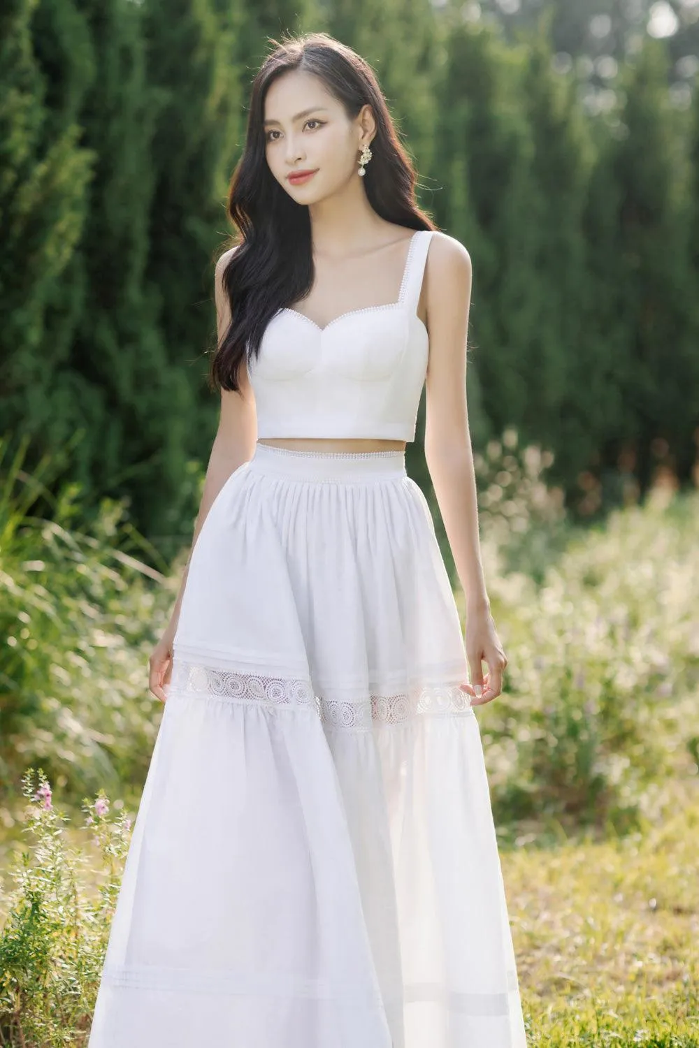 Miranda Gathered High Waist Cotton Ankle Length Skirt