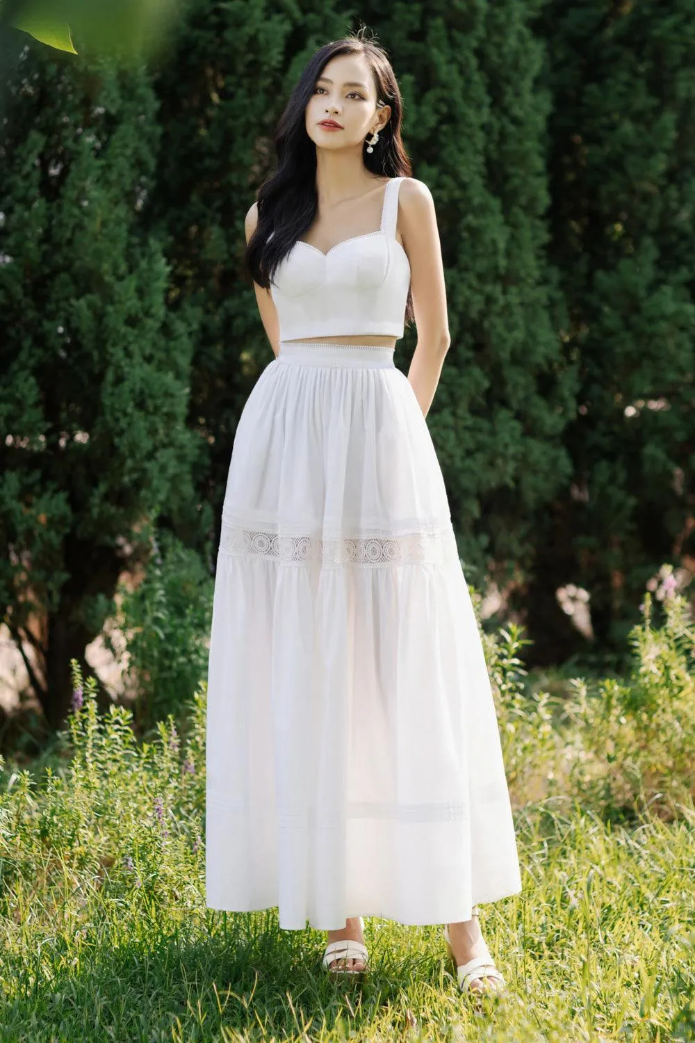 Miranda Gathered High Waist Cotton Ankle Length Skirt