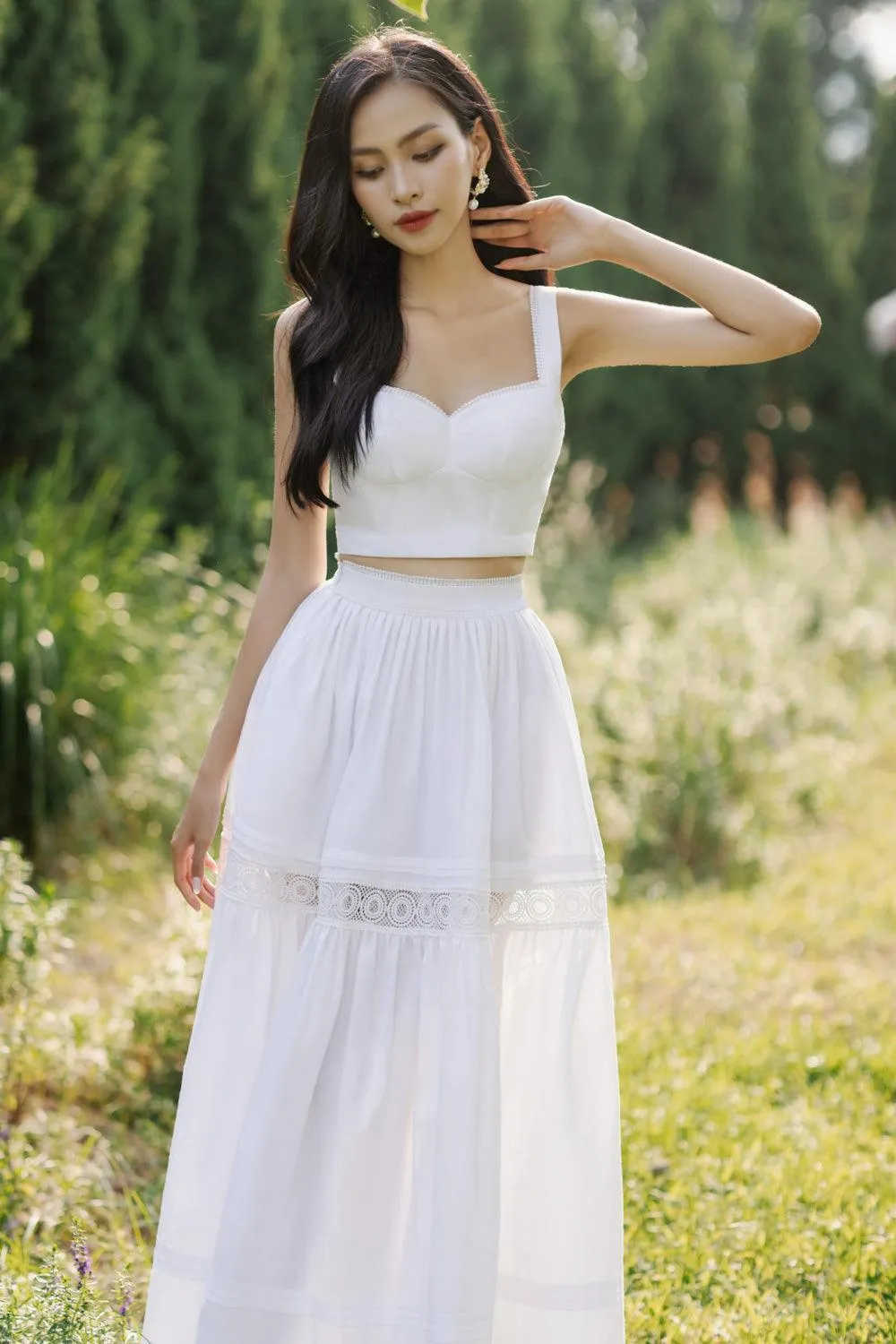 Miranda Gathered High Waist Cotton Ankle Length Skirt