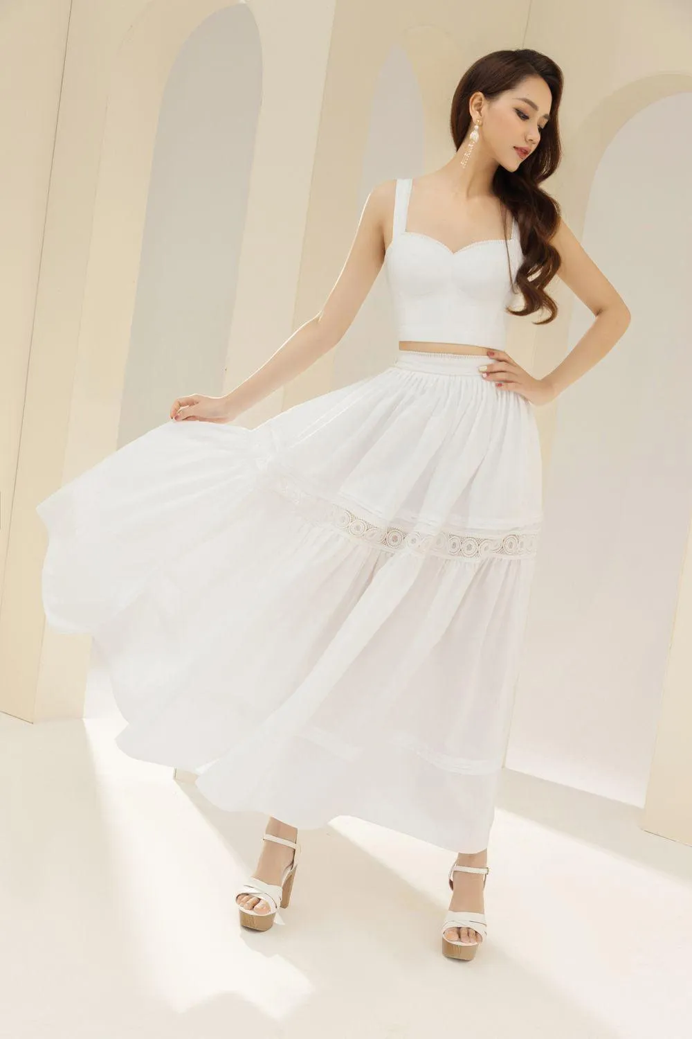 Miranda Gathered High Waist Cotton Ankle Length Skirt