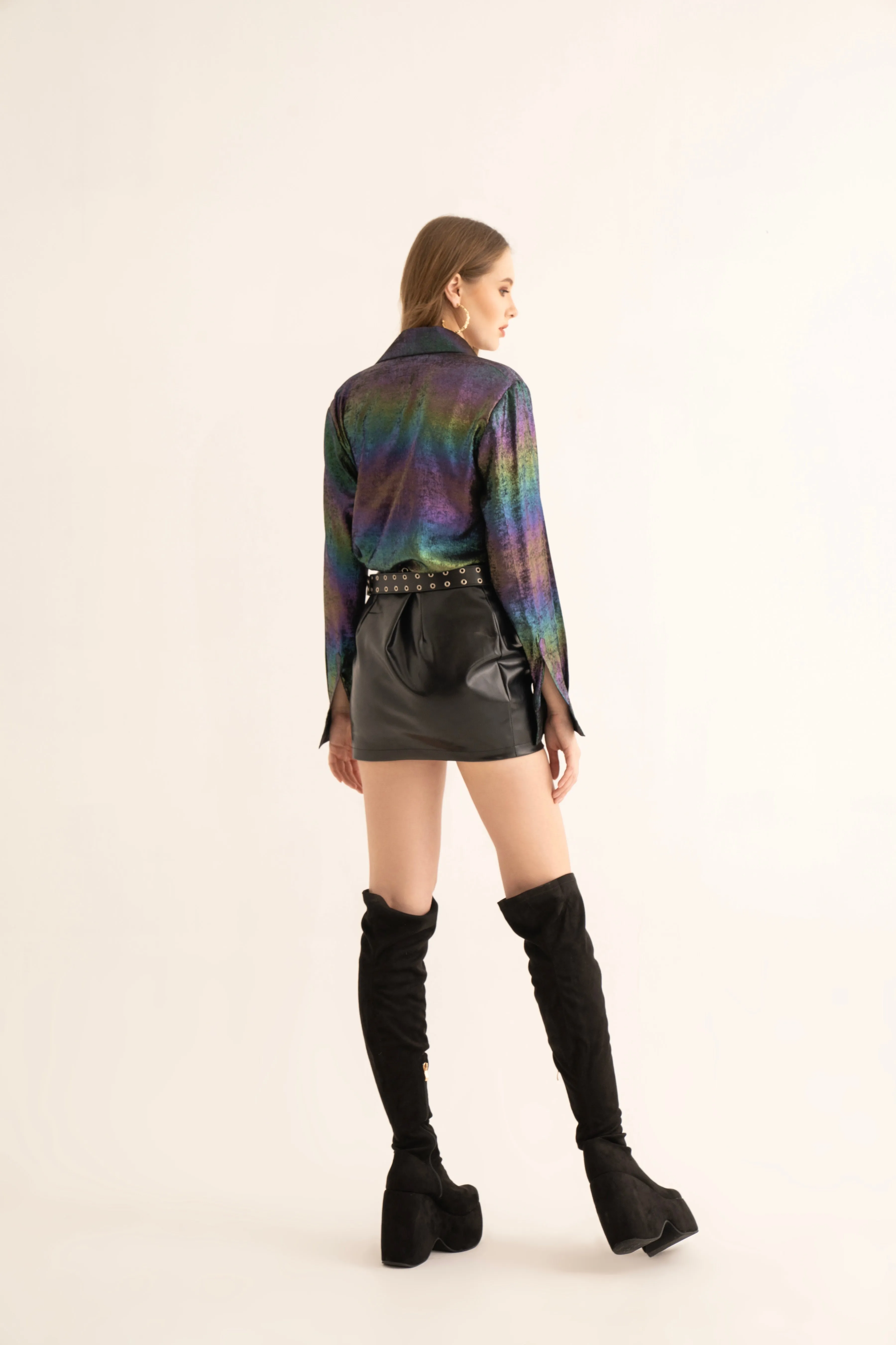 Nightfall Shimmer Oversized Shirt and Black Leather Mini Skirt Co-ord Set