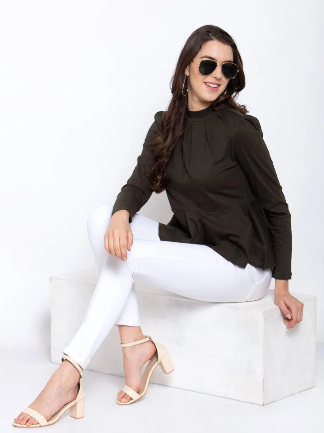 Olive Solid Knit Peplum Long Sleeves Top