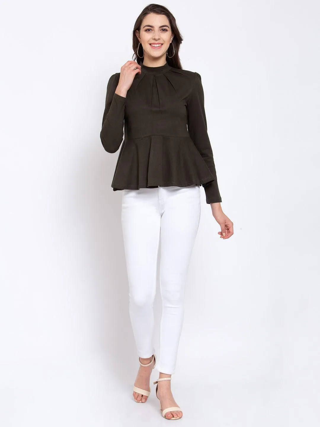 Olive Solid Knit Peplum Long Sleeves Top