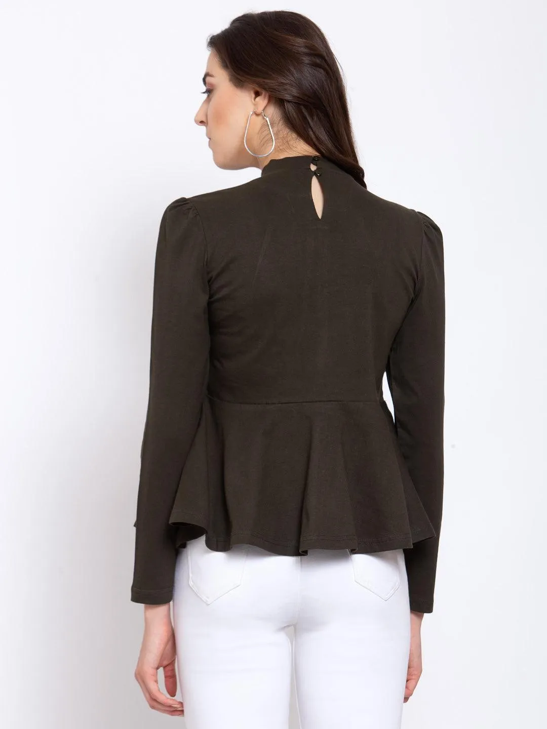 Olive Solid Knit Peplum Long Sleeves Top