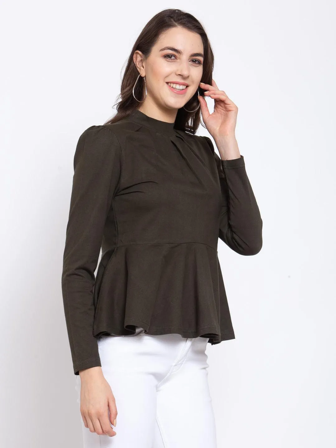 Olive Solid Knit Peplum Long Sleeves Top