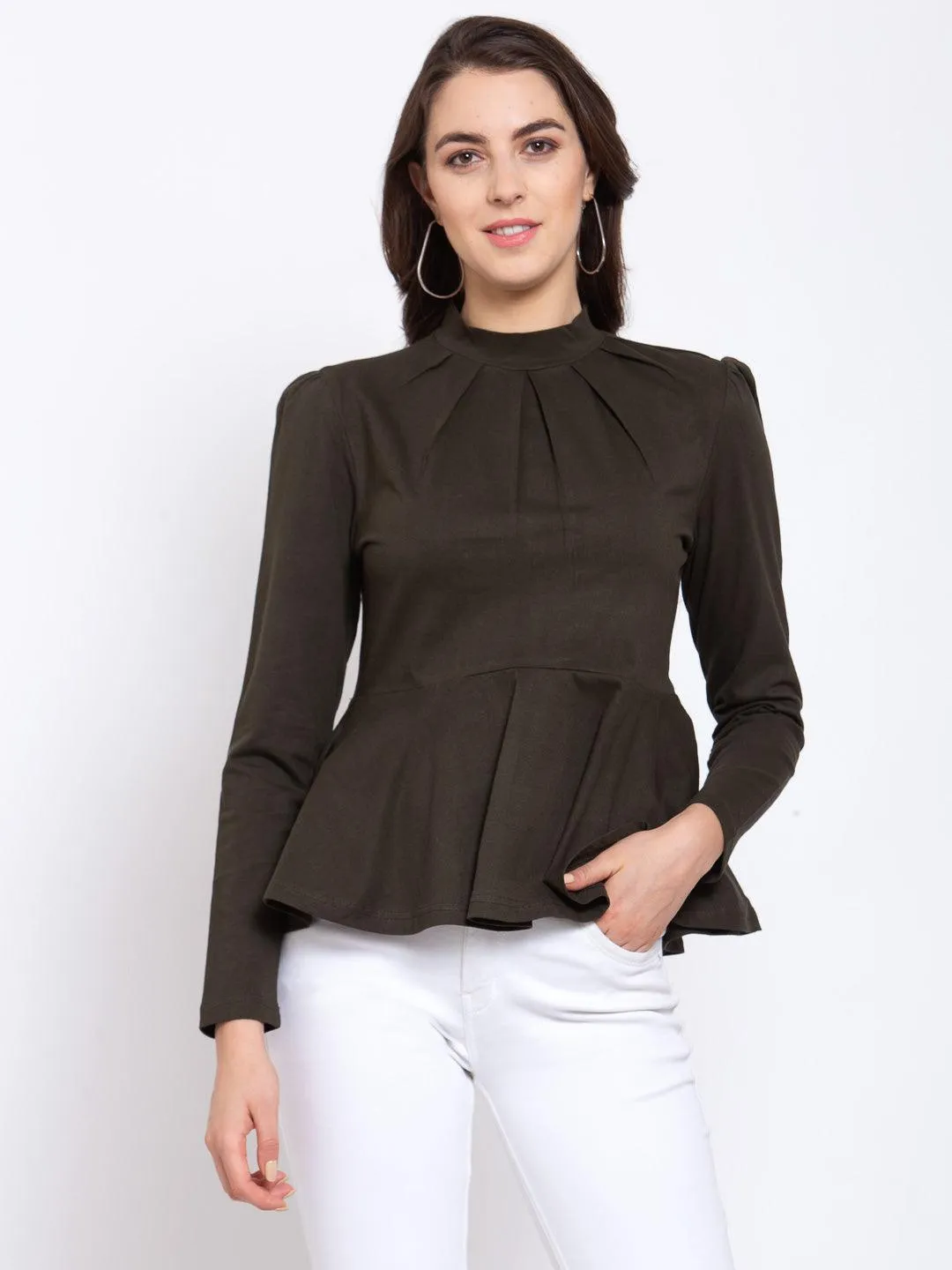 Olive Solid Knit Peplum Long Sleeves Top