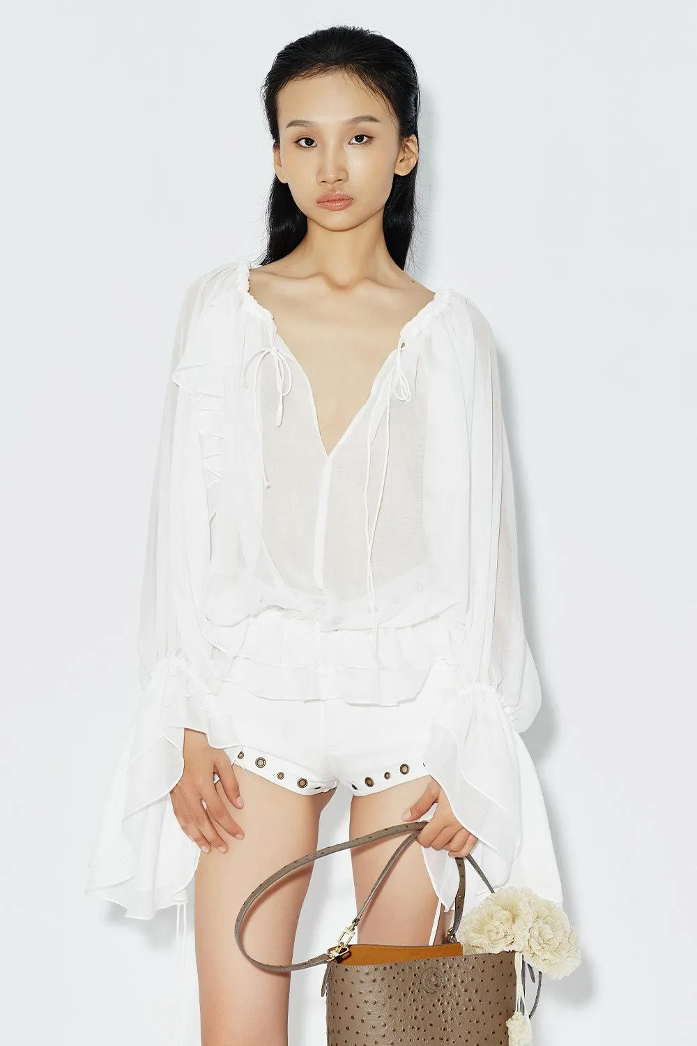 Oncidium Blouson Plunge Neck Chiffon Top