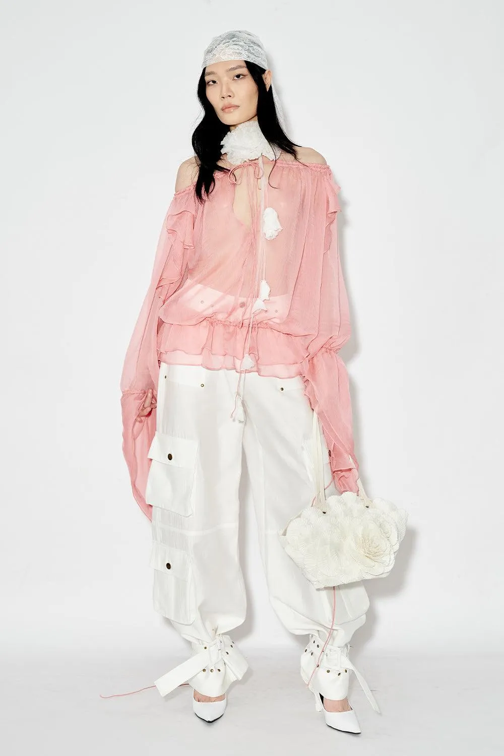 Oncidium Blouson Plunge Neck Chiffon Top