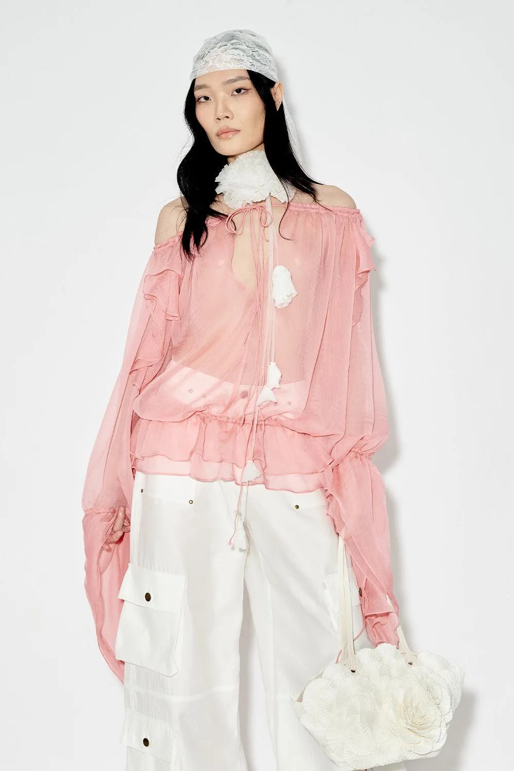 Oncidium Blouson Plunge Neck Chiffon Top