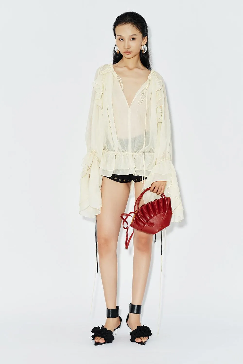 Oncidium Blouson Plunge Neck Chiffon Top