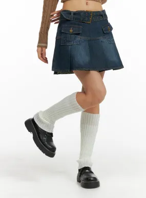 Pleated Denim Mini Skirt with Belt CF426