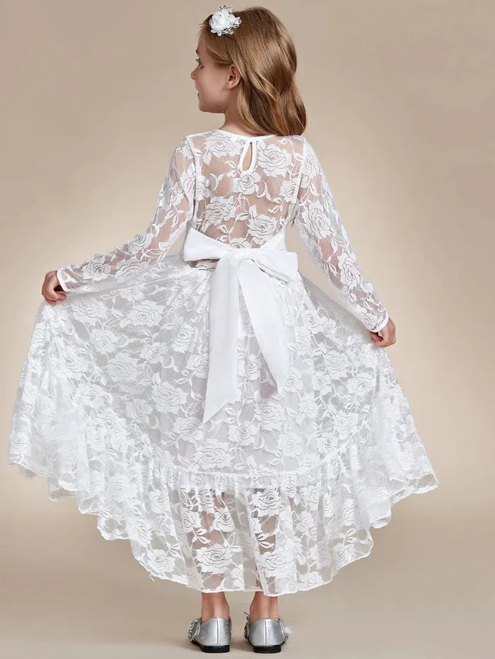 Pure Lace Long-Sleeve Round Neckline Flower Girl Dress