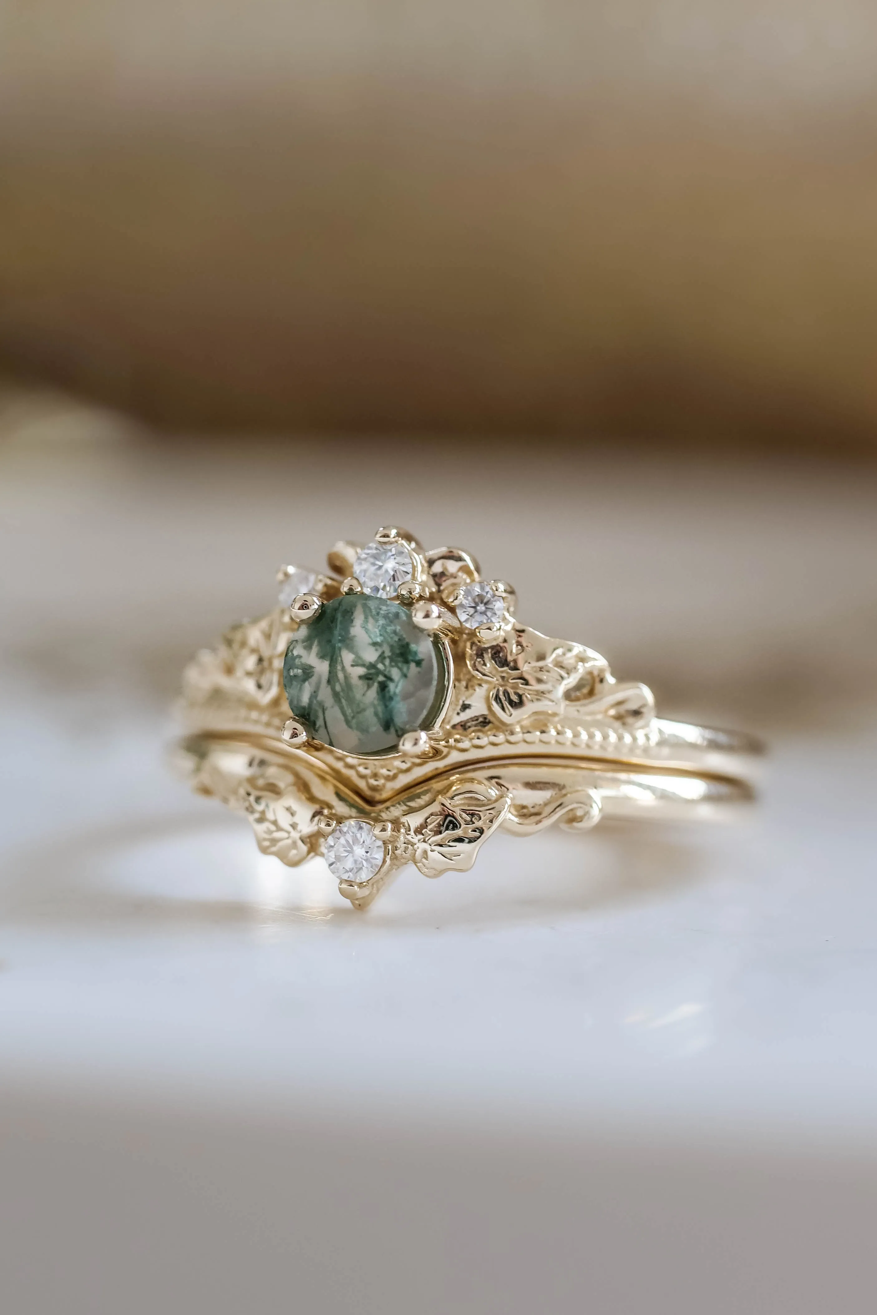 READY TO SHIP: Ariadne bridal ring set in 14K yellow gold, natural moss agate 5 mm, accents lab grown diamonds, AVAILABLE RING SIZES: 6-8, 9-11US