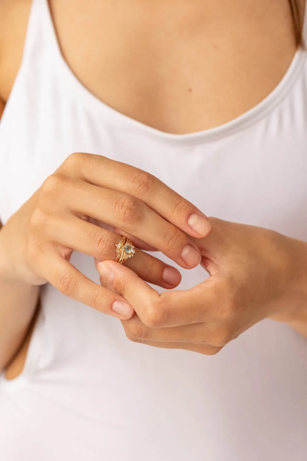 READY TO SHIP: Ariadne bridal ring set in 14K yellow gold, natural moss agate 5 mm, accents lab grown diamonds, AVAILABLE RING SIZES: 6-8, 9-11US