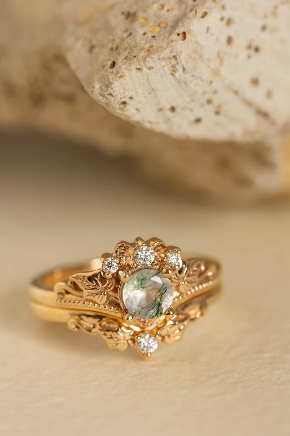 READY TO SHIP: Ariadne bridal ring set in 14K yellow gold, natural moss agate 5 mm, accents lab grown diamonds, AVAILABLE RING SIZES: 6-8, 9-11US