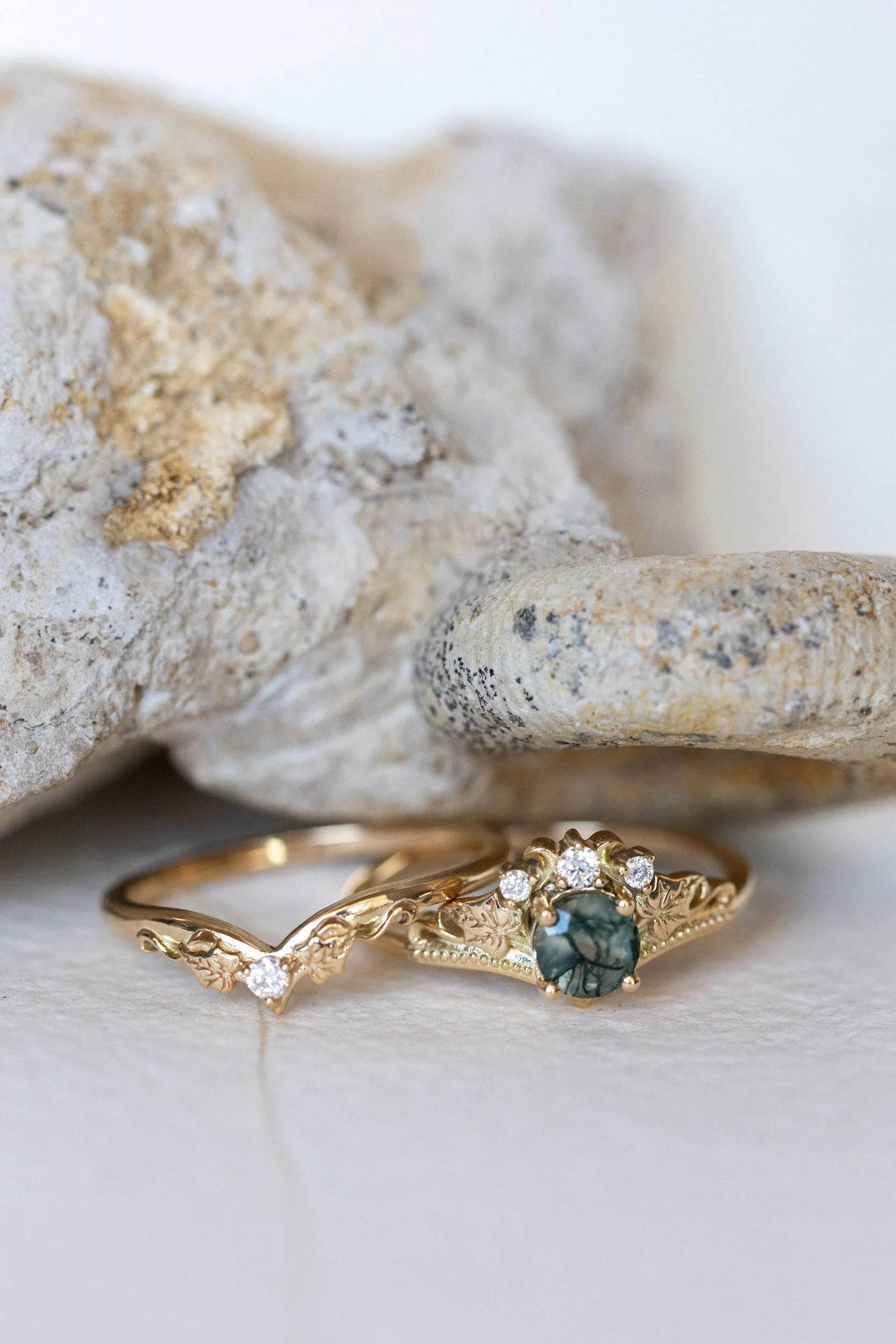 READY TO SHIP: Ariadne bridal ring set in 14K yellow gold, natural moss agate 5 mm, accents lab grown diamonds, AVAILABLE RING SIZES: 6-8, 9-11US