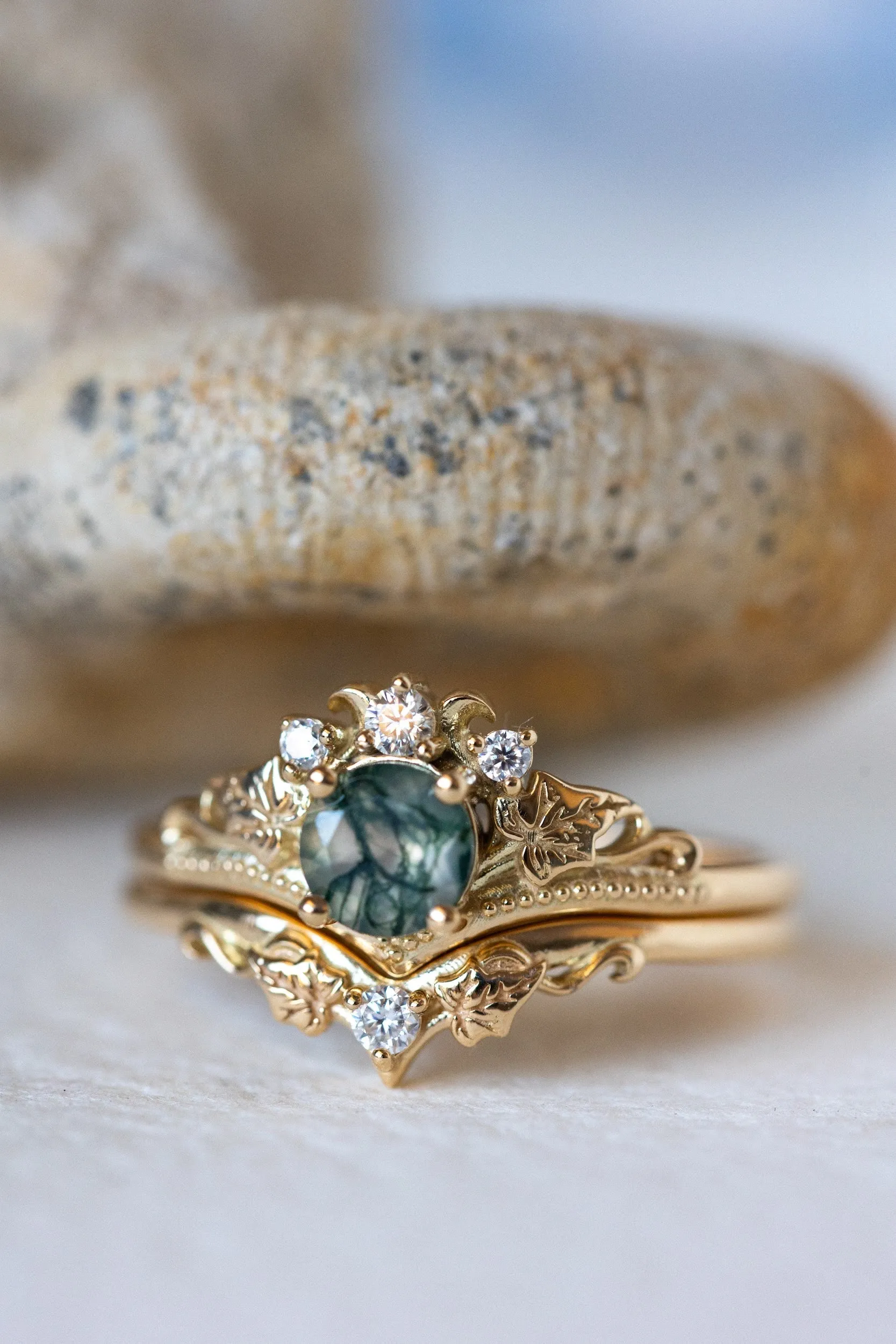 READY TO SHIP: Ariadne bridal ring set in 14K yellow gold, natural moss agate 5 mm, accents lab grown diamonds, AVAILABLE RING SIZES: 6-8, 9-11US