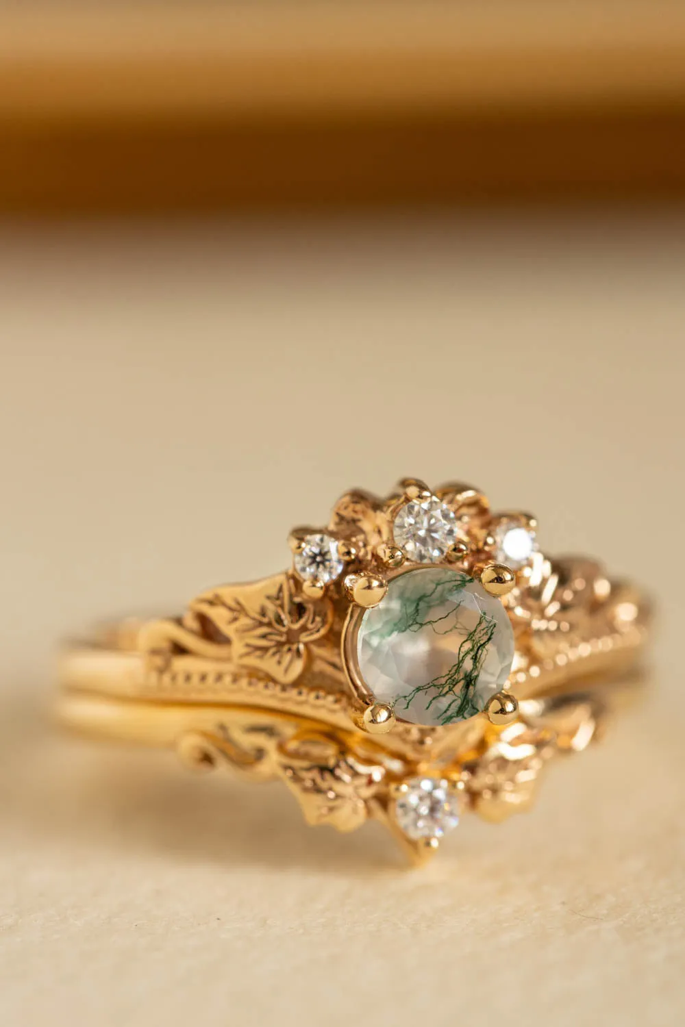 READY TO SHIP: Ariadne bridal ring set in 14K yellow gold, natural moss agate 5 mm, accents lab grown diamonds, AVAILABLE RING SIZES: 6-8, 9-11US