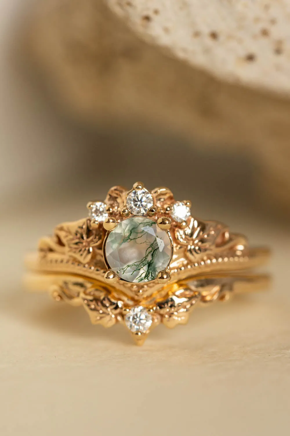 READY TO SHIP: Ariadne bridal ring set in 14K yellow gold, natural moss agate 5 mm, accents lab grown diamonds, AVAILABLE RING SIZES: 6-8, 9-11US