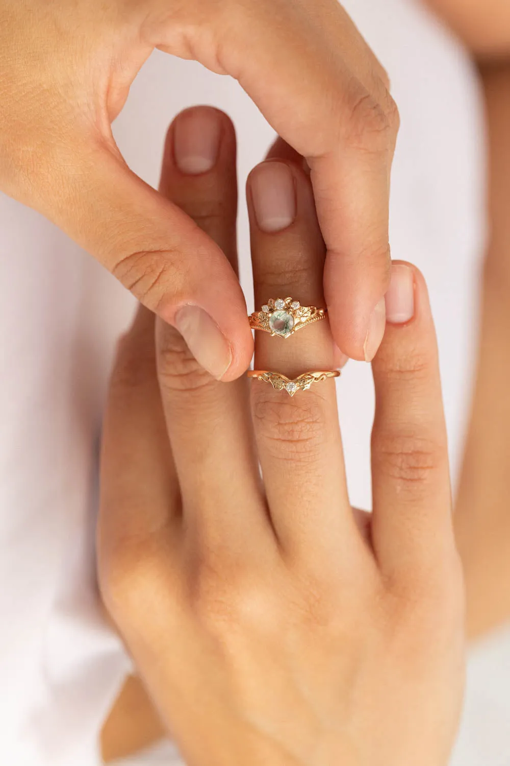 READY TO SHIP: Ariadne bridal ring set in 14K yellow gold, natural moss agate 5 mm, accents lab grown diamonds, AVAILABLE RING SIZES: 6-8, 9-11US