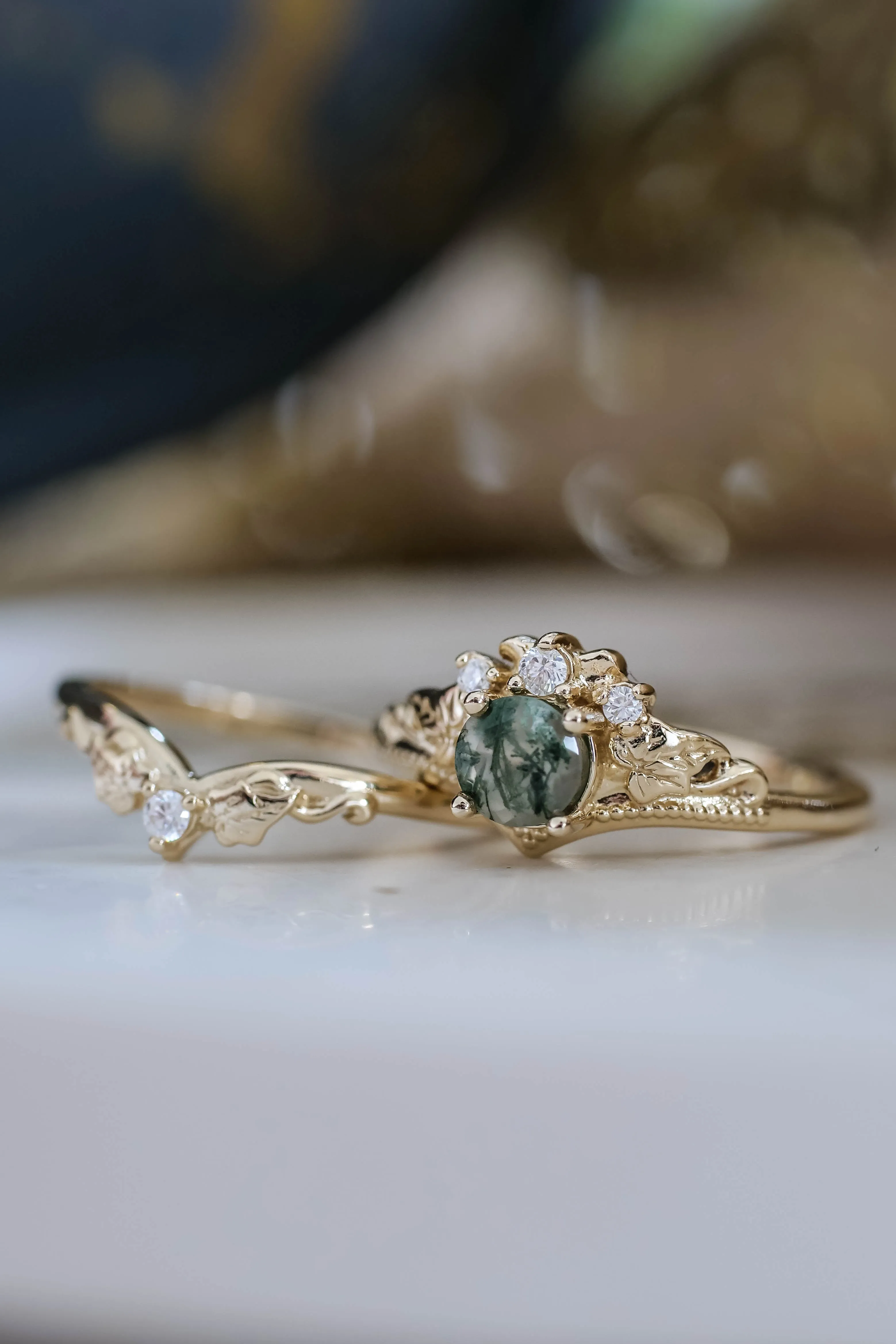 READY TO SHIP: Ariadne bridal ring set in 14K yellow gold, natural moss agate 5 mm, accents lab grown diamonds, AVAILABLE RING SIZES: 6-8, 9-11US