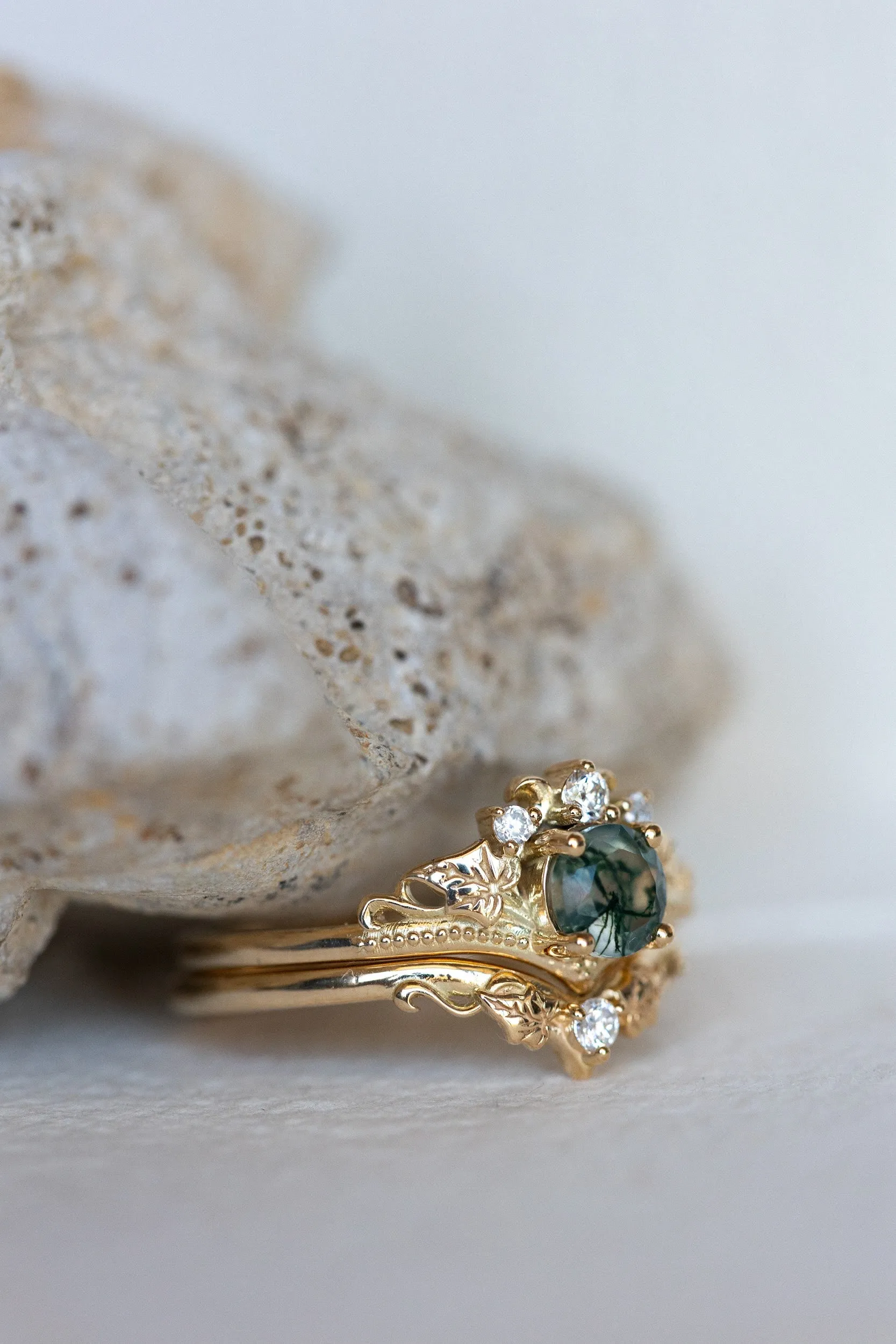 READY TO SHIP: Ariadne bridal ring set in 14K yellow gold, natural moss agate 5 mm, accents lab grown diamonds, AVAILABLE RING SIZES: 6-8, 9-11US