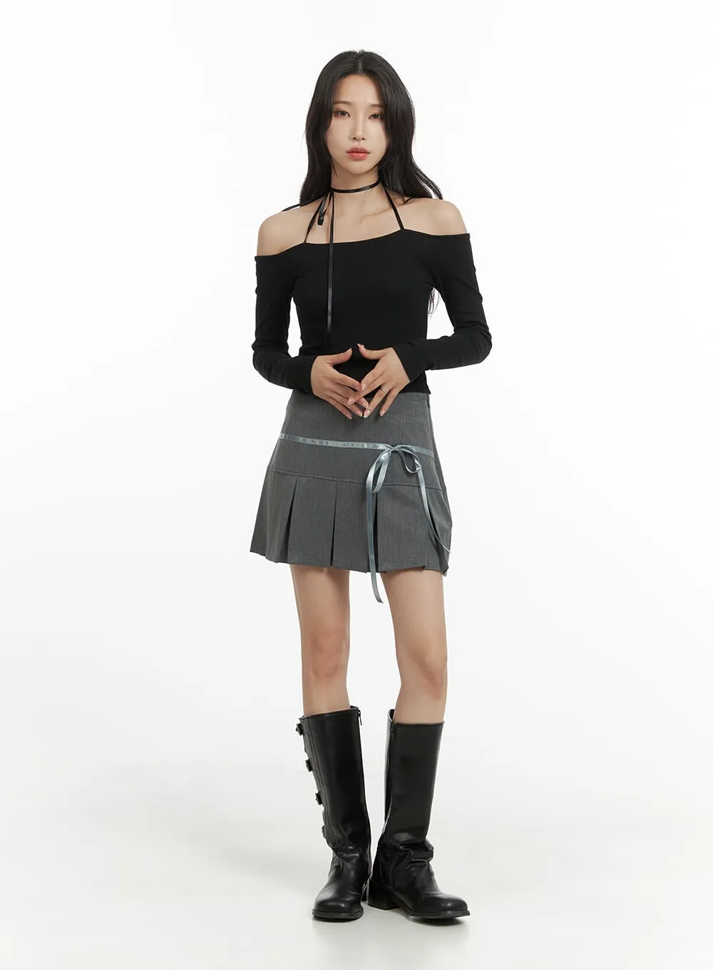 Ribbon Half-Pleated Mini Skirt CM426