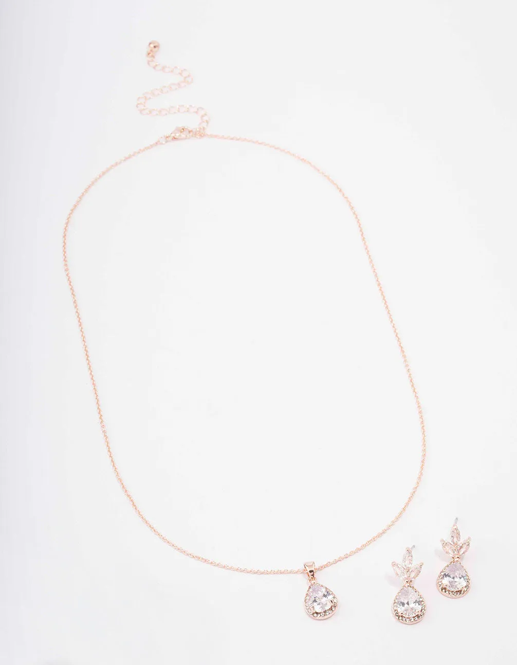 Rose Gold Leaf Pear Halo Necklace & Drop Earring Set