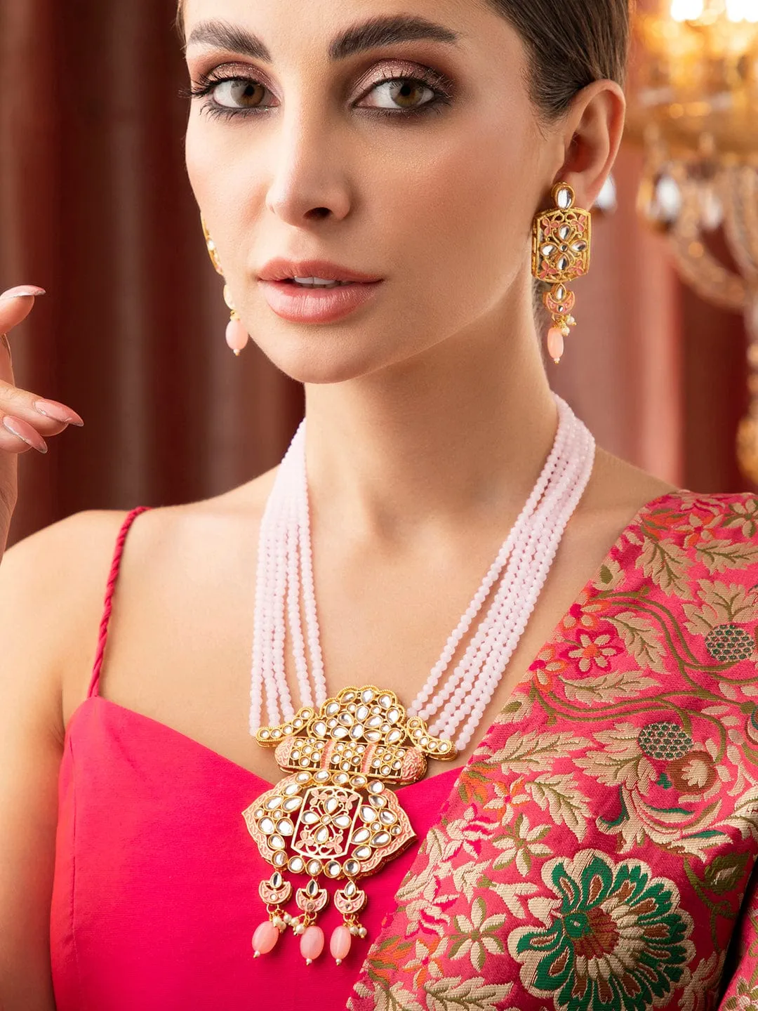 Rubans Gold Plated Kundan Studded Necklace With Pastel Pink Beads.