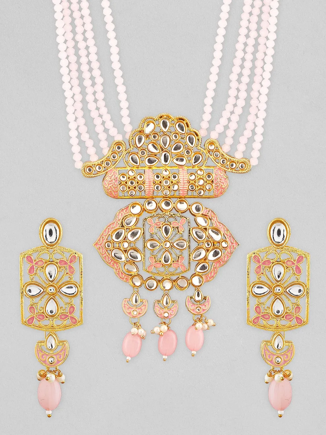 Rubans Gold Plated Kundan Studded Necklace With Pastel Pink Beads.