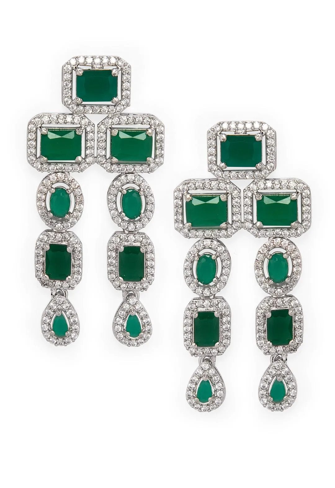 Rubans Luxury Silver-Plated Green Stone Studded Emerald Handcrafted Statement Necklace Set