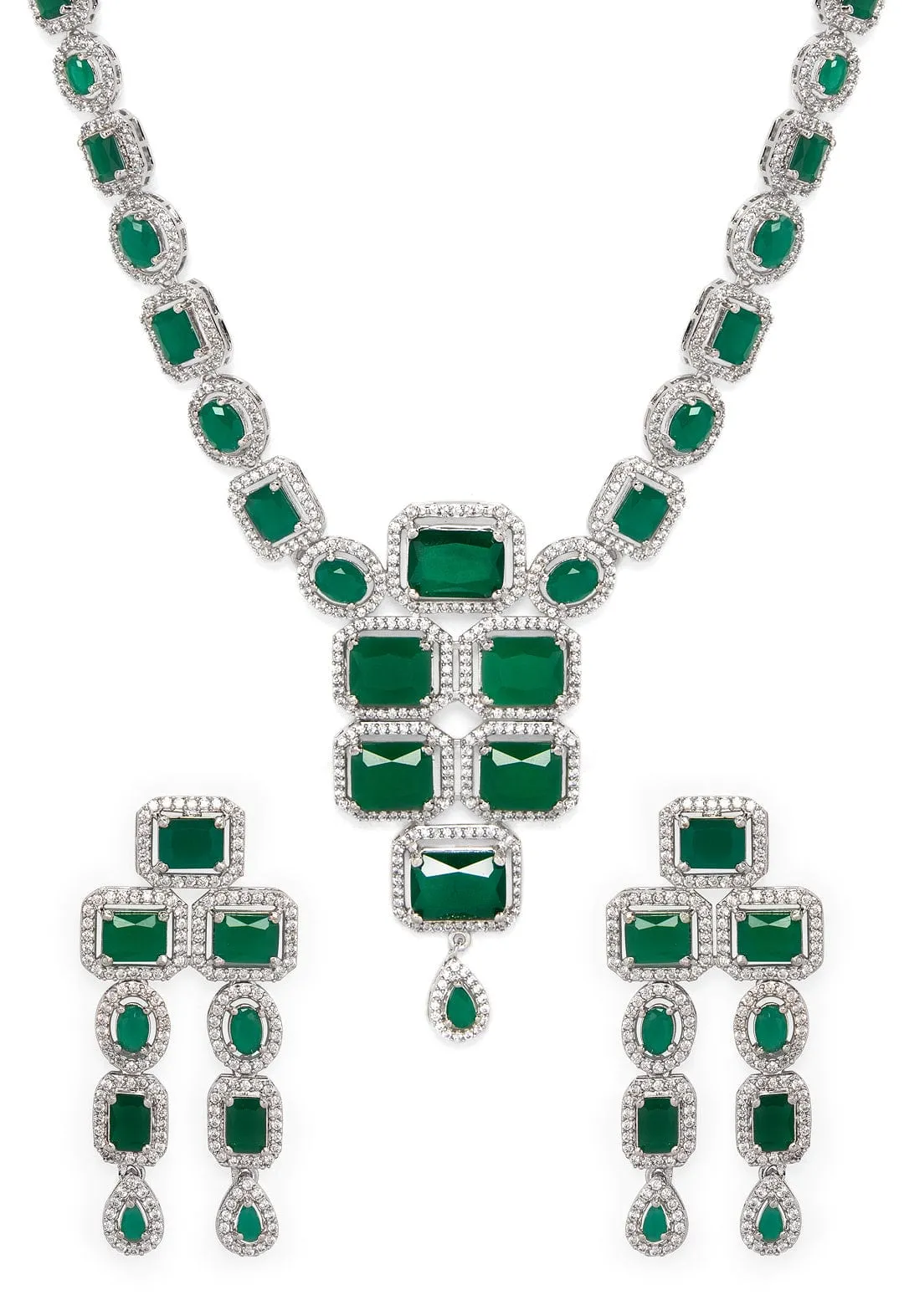 Rubans Luxury Silver-Plated Green Stone Studded Emerald Handcrafted Statement Necklace Set