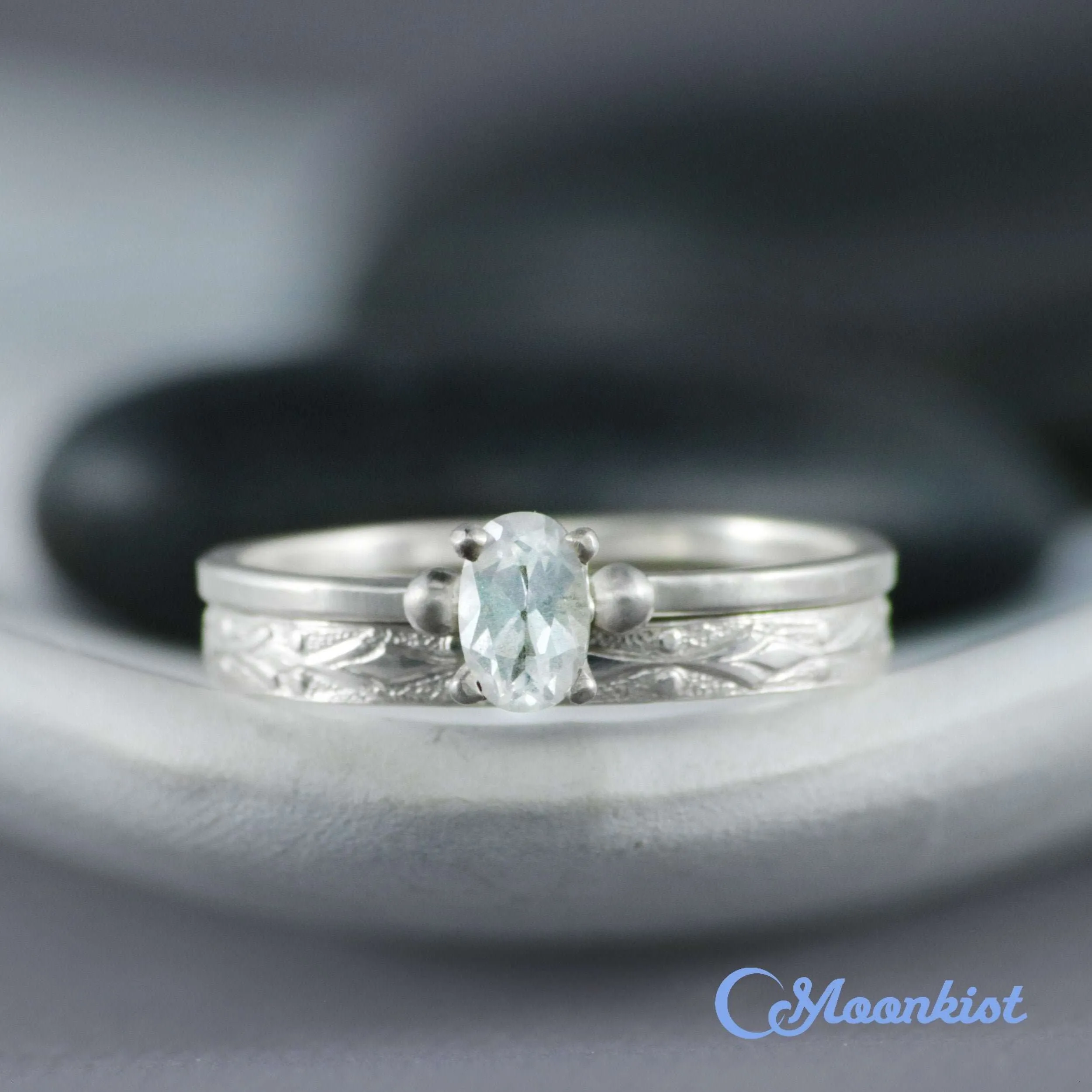 Simple Oval Engagement Ring Set with Textured Silver Band | Moonkist Designs