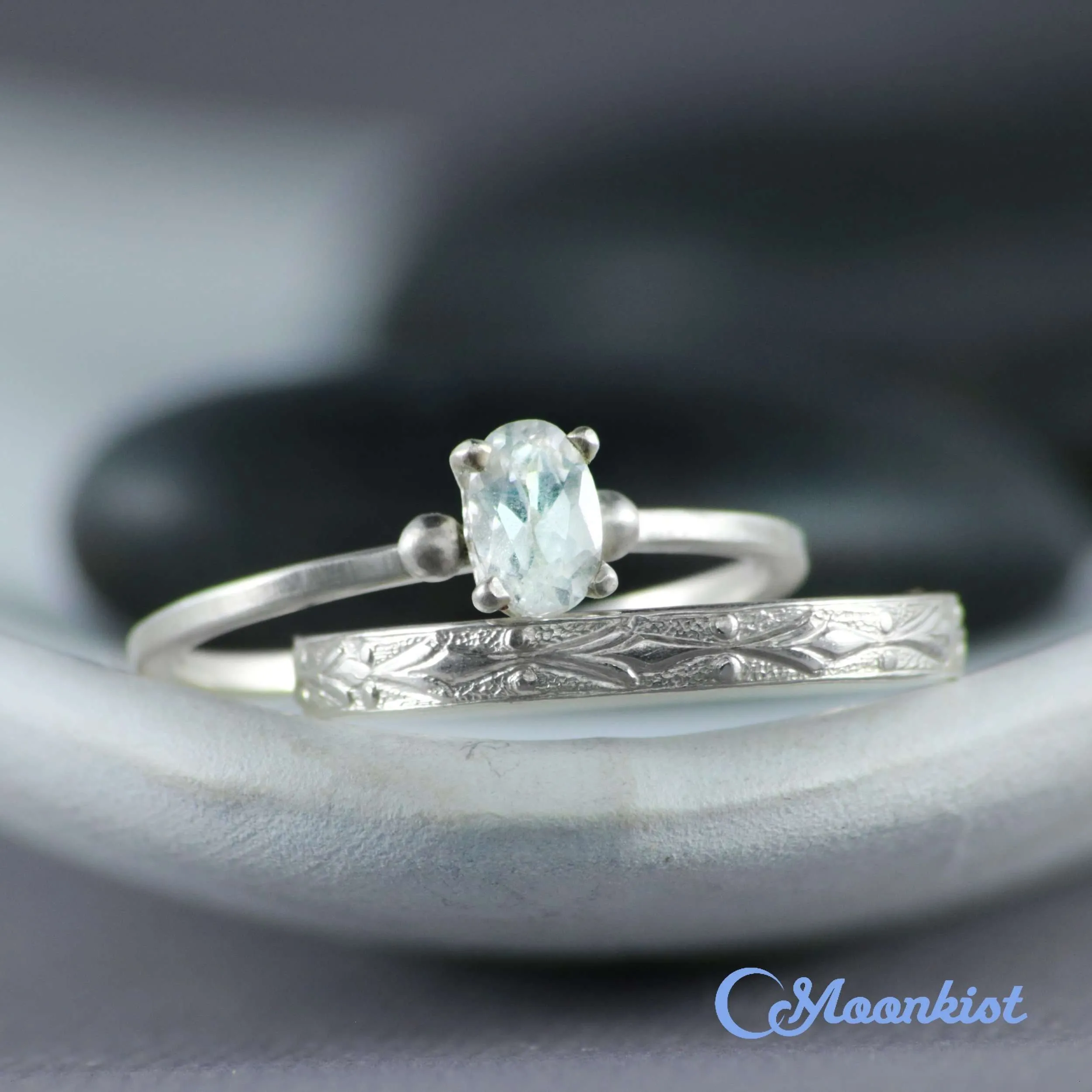 Simple Oval Engagement Ring Set with Textured Silver Band | Moonkist Designs