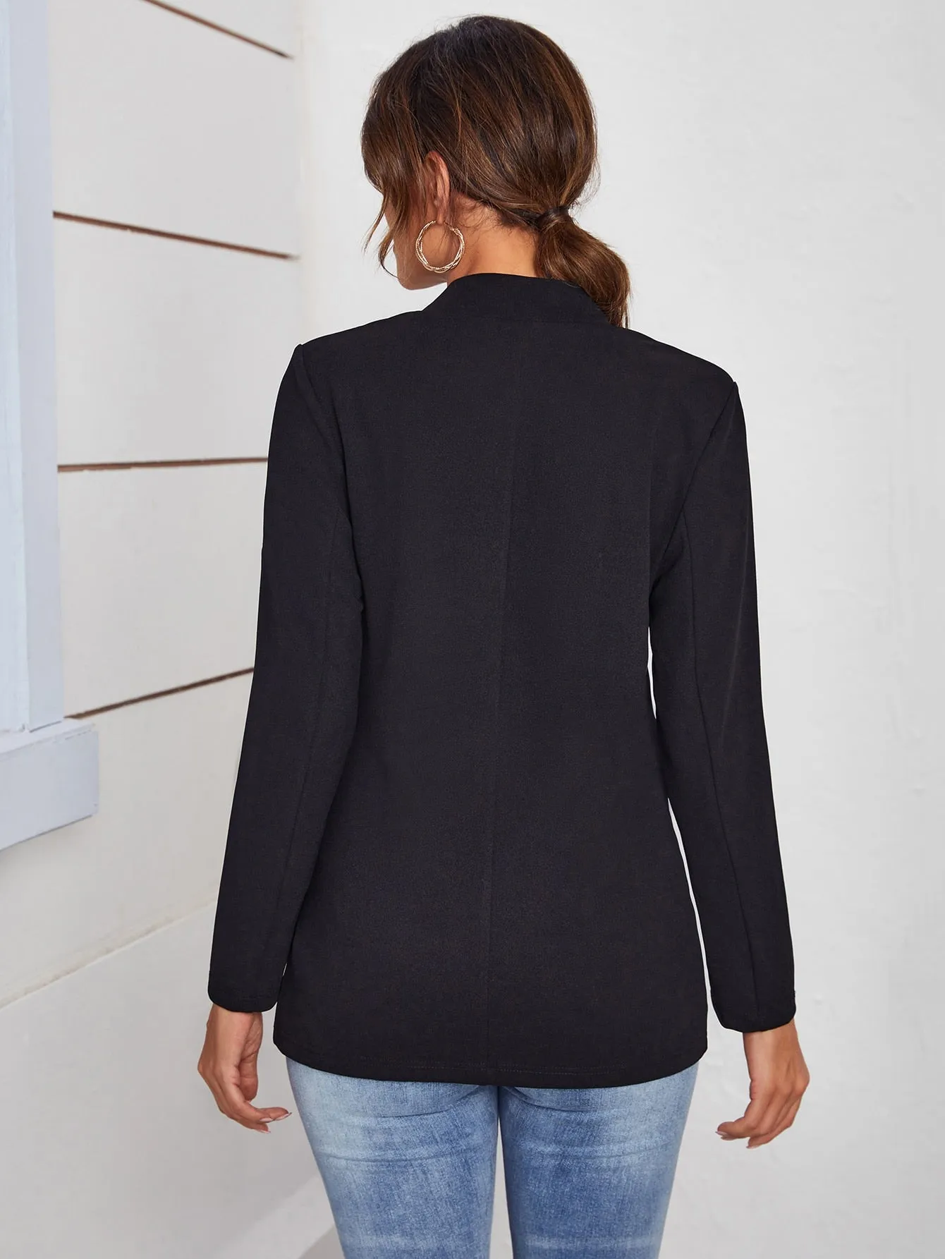 Solid Notched Open Front Blazer