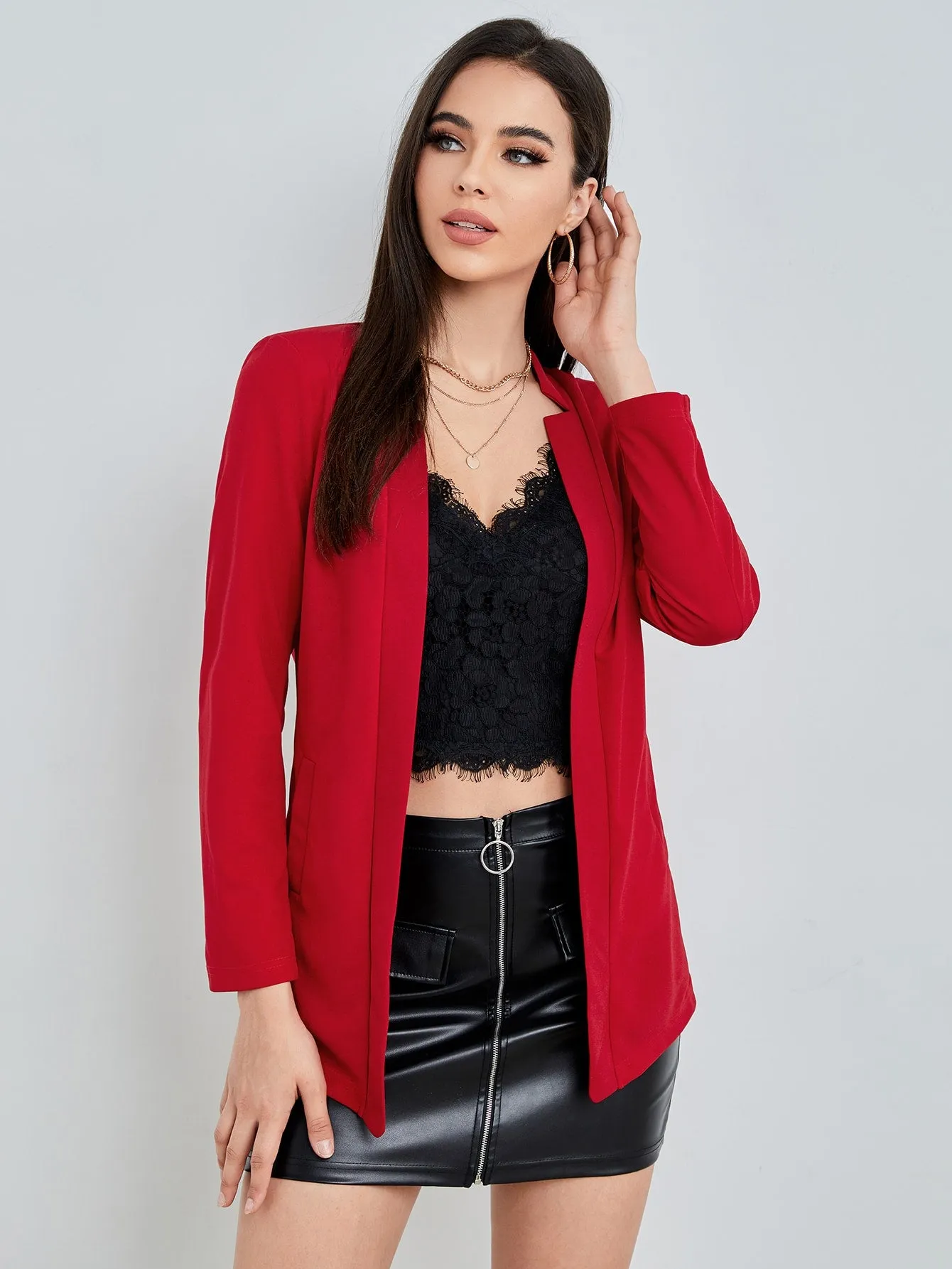 Solid Notched Open Front Blazer