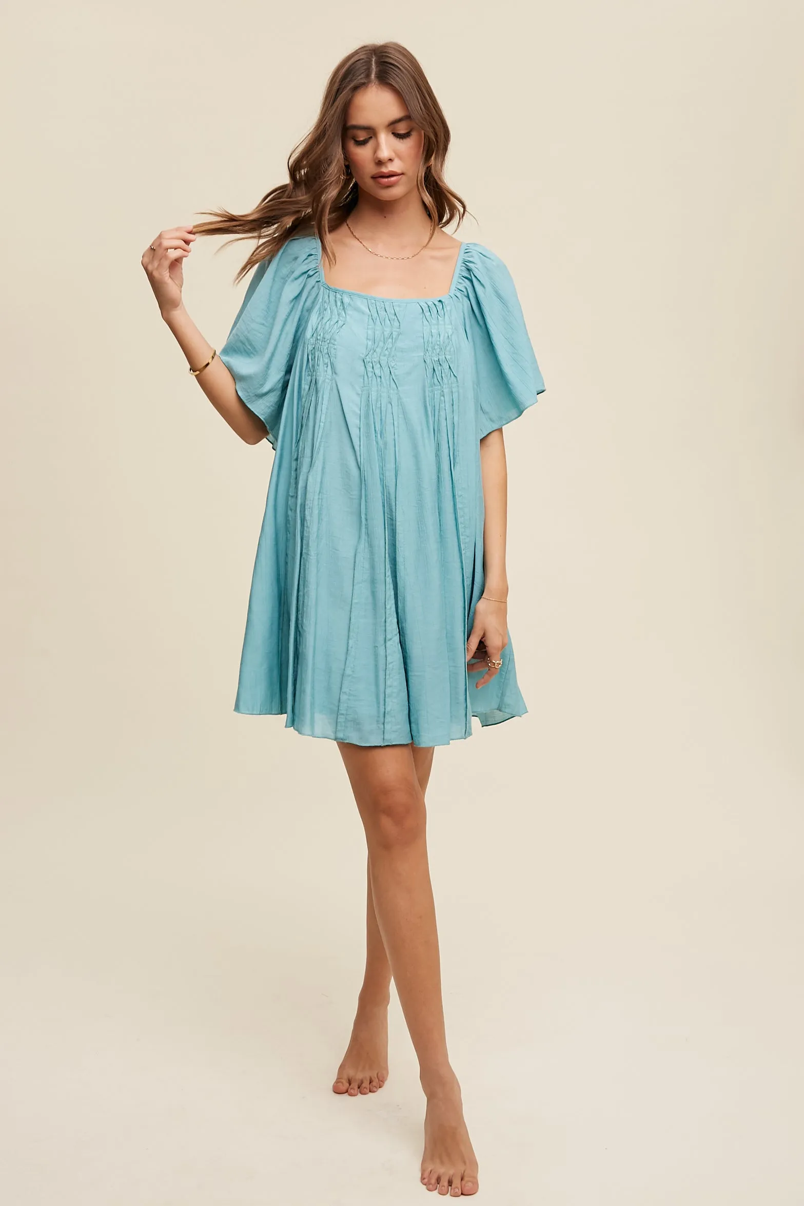 Square Neck Ruffled Design Babydoll Dress