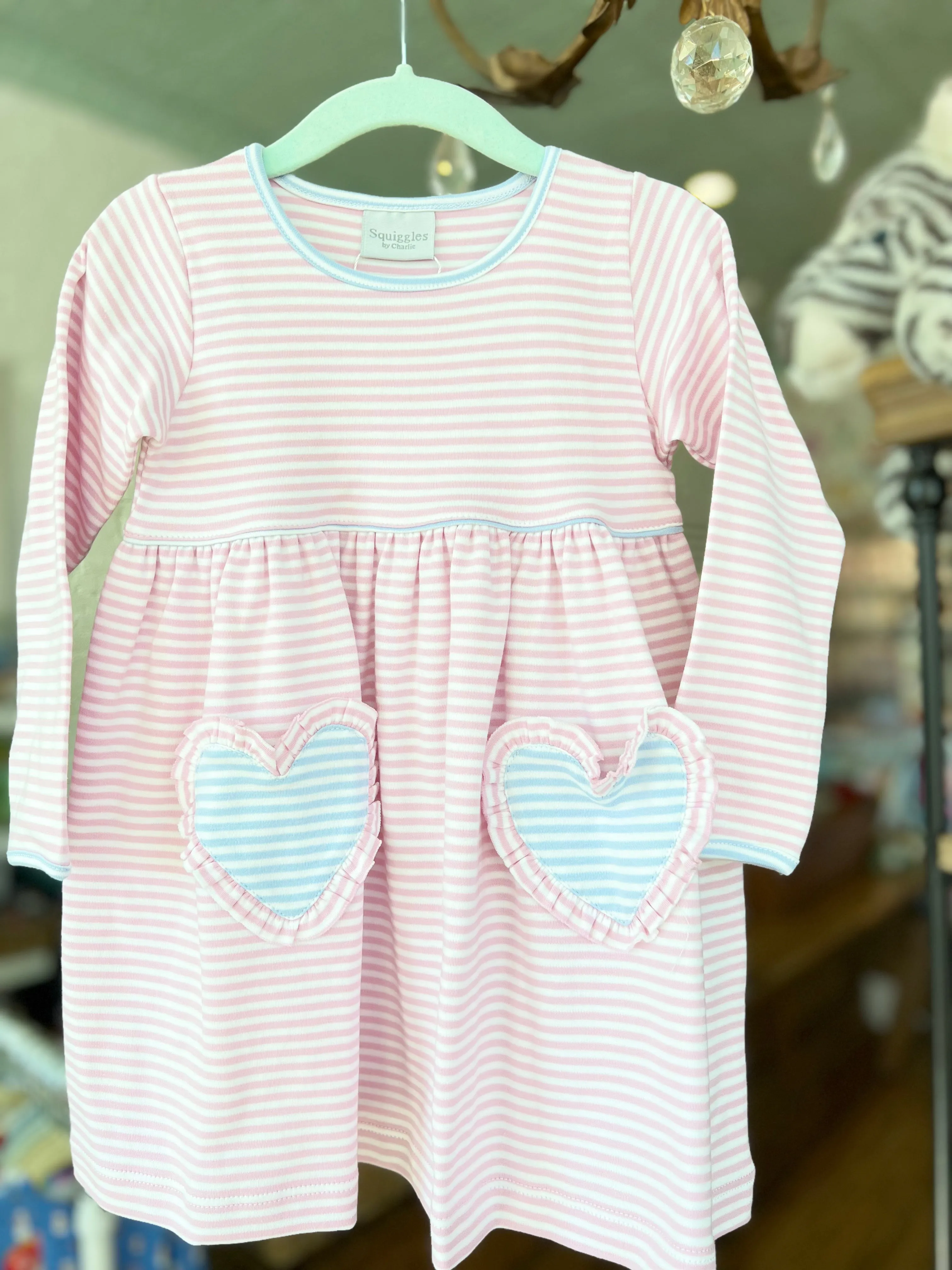 Squiggles - Dress with Heart Pockets - Pink & Blue Stripe