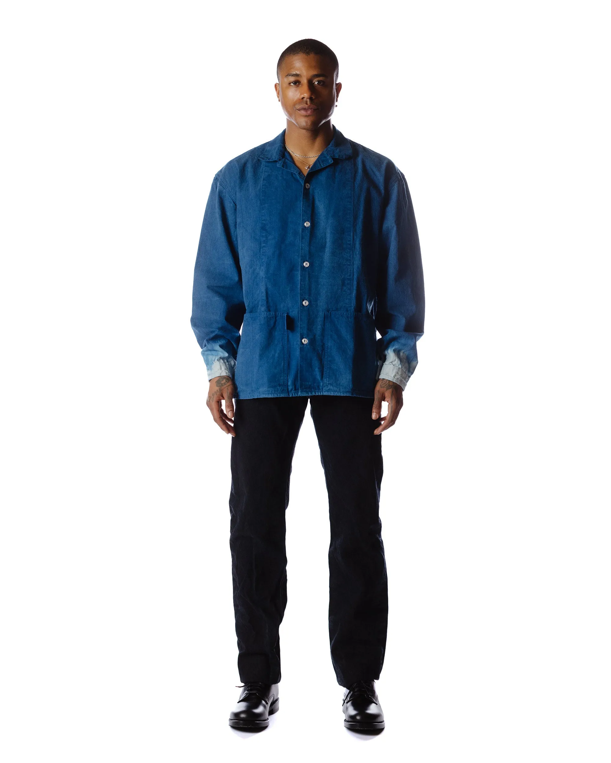 Tender Type 446 Wide Face Shirt Achilles' Heel Indigo Dyed Bleached Weft Stripe Cotton Canvas