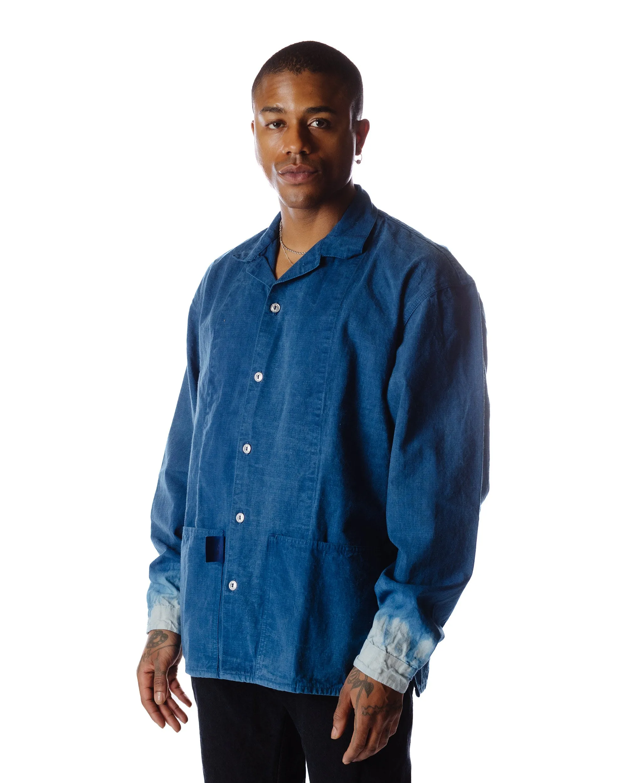 Tender Type 446 Wide Face Shirt Achilles' Heel Indigo Dyed Bleached Weft Stripe Cotton Canvas