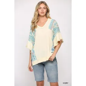 Texture Knit And Print Mixed Hi Low Hem Top